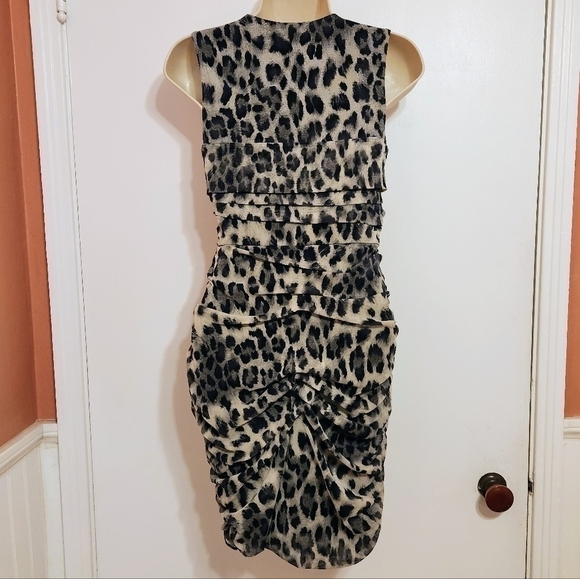 Allen B Cheetah Print Mesh Ruched Asymmetrical Mini Dress Black Beige X Small - Picture 6 of 12